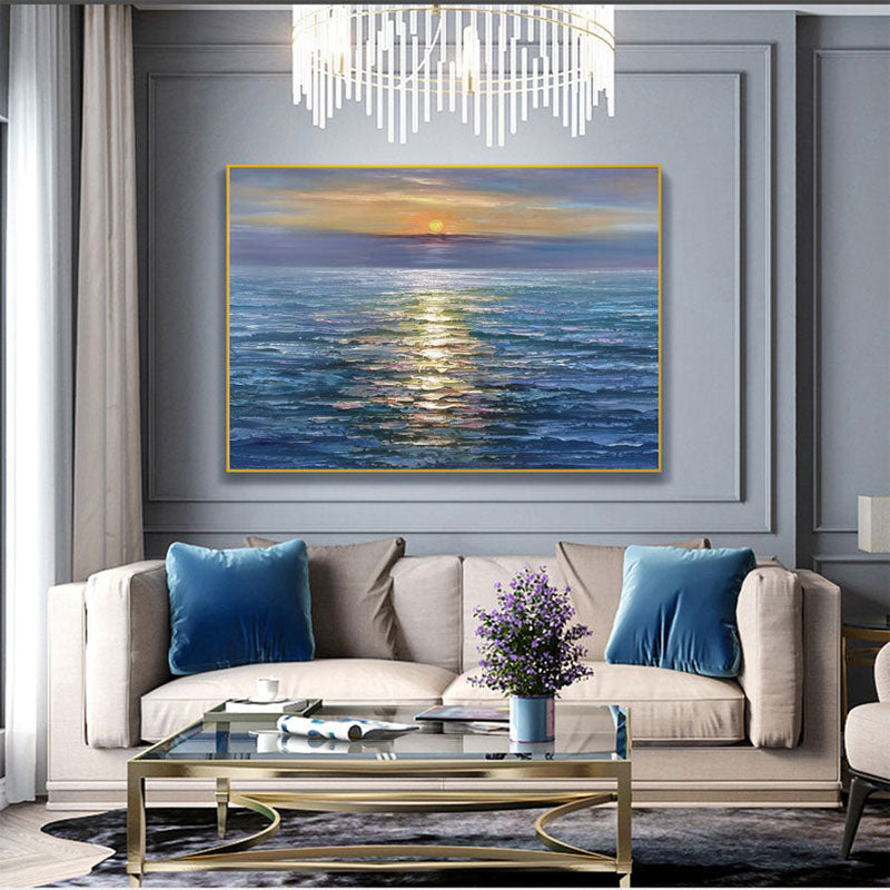 Glittering Sunset-Horizontal Textured Ocean Sunset Oil Painting for Living Room or Bedroom