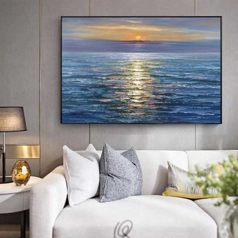 Glittering Sunset-Horizontal Textured Ocean Sunset Oil Painting for Living Room or Bedroom