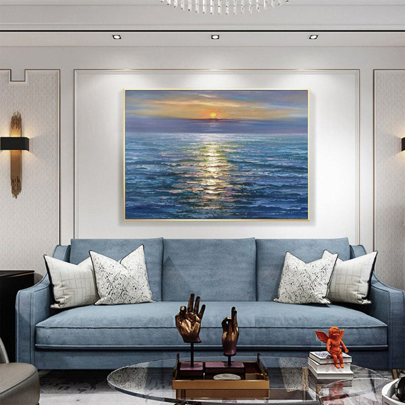 Glittering Sunset-Horizontal Textured Ocean Sunset Oil Painting for Living Room or Bedroom