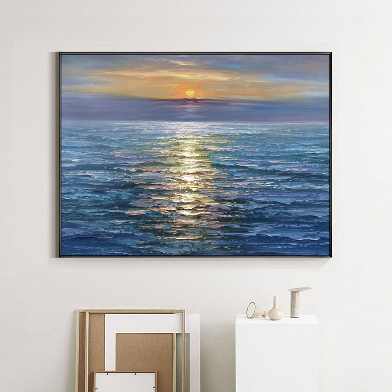 Glittering Sunset-Horizontal Textured Ocean Sunset Oil Painting for Living Room or Bedroom