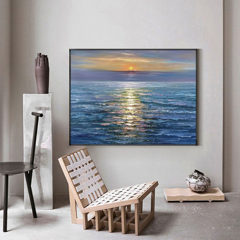 Glittering Sunset-Horizontal Textured Ocean Sunset Oil Painting for Living Room or Bedroom