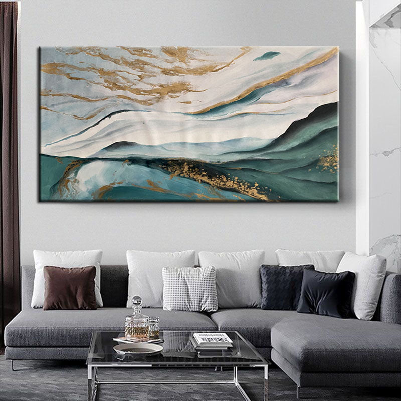 Remains of the Sea-Abstract Landscape Oil Painting: Blue - Green Hues with Gold Accents