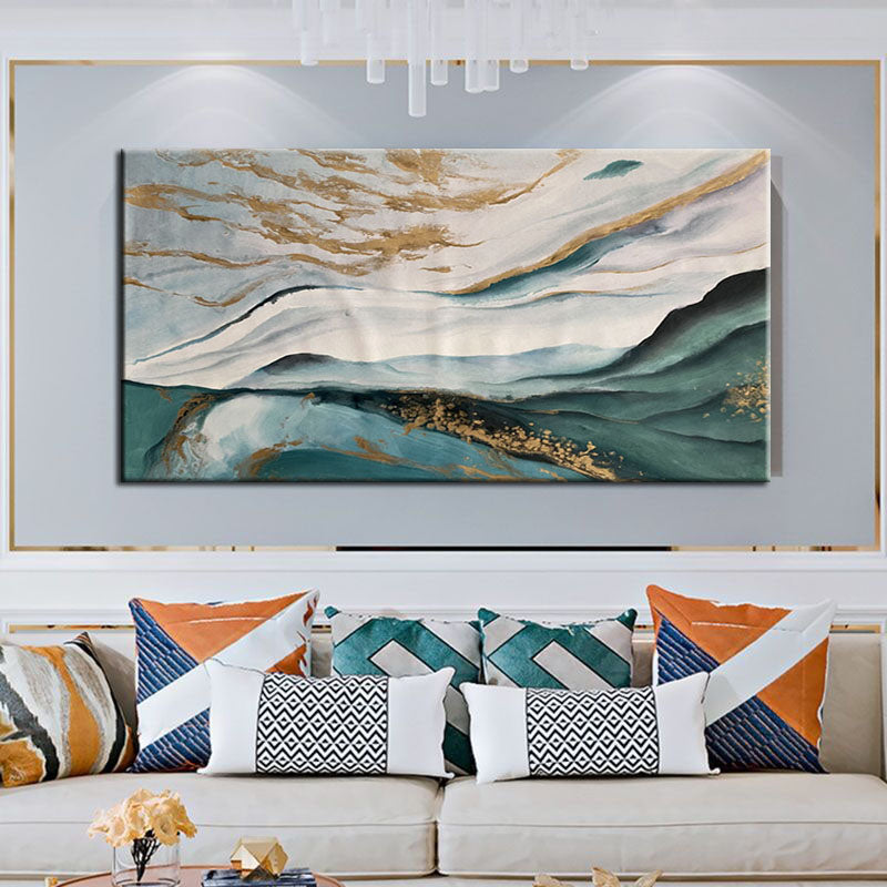 Remains of the Sea-Abstract Landscape Oil Painting: Blue - Green Hues with Gold Accents