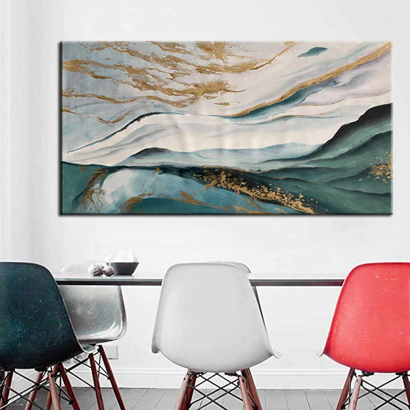 Remains of the Sea-Abstract Landscape Oil Painting: Blue - Green Hues with Gold Accents