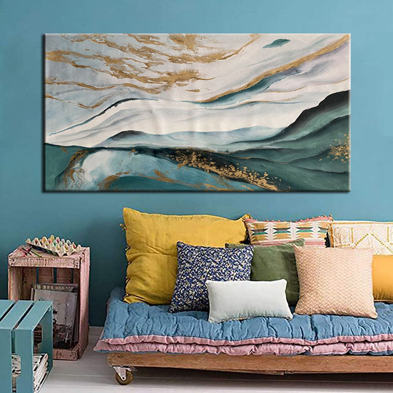Remains of the Sea-Abstract Landscape Oil Painting: Blue - Green Hues with Gold Accents
