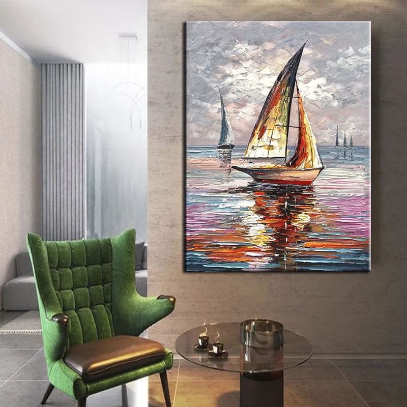 Smooth Sailing – Vertical Sailboat Oil Painting | Coastal Textured Wall Art