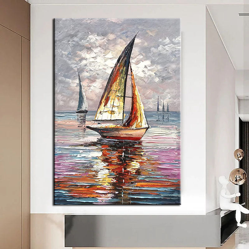 Smooth Sailing – Vertical Sailboat Oil Painting | Coastal Textured Wall Art