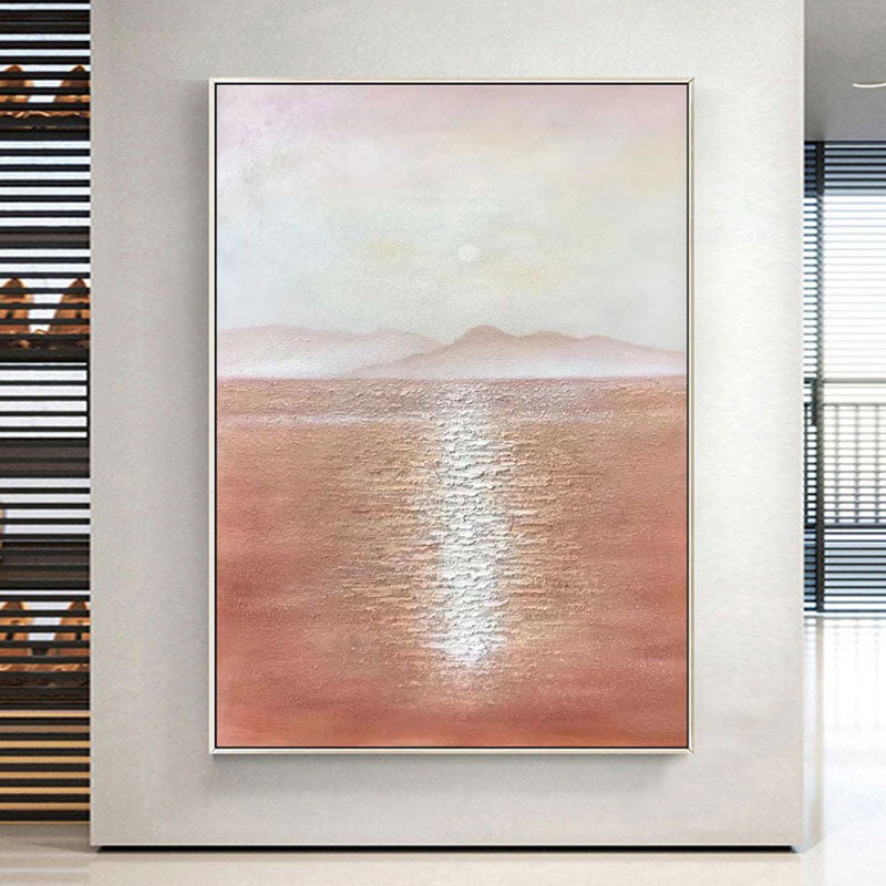 Sunbeams on the Sea-Minimalist Landscape Oil Painting: Warm Brown Tones, Calm Sea & Distant Mountains
