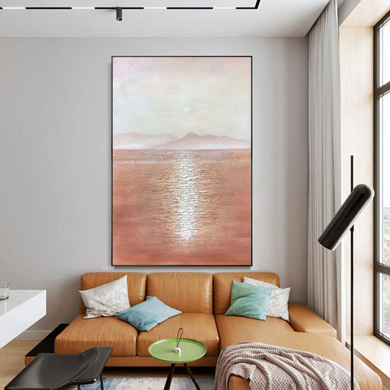 Sunbeams on the Sea-Minimalist Landscape Oil Painting: Warm Brown Tones, Calm Sea & Distant Mountains