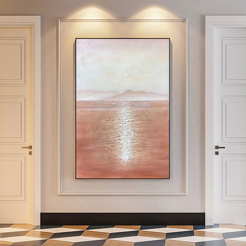 Sunbeams on the Sea-Minimalist Landscape Oil Painting: Warm Brown Tones, Calm Sea & Distant Mountains