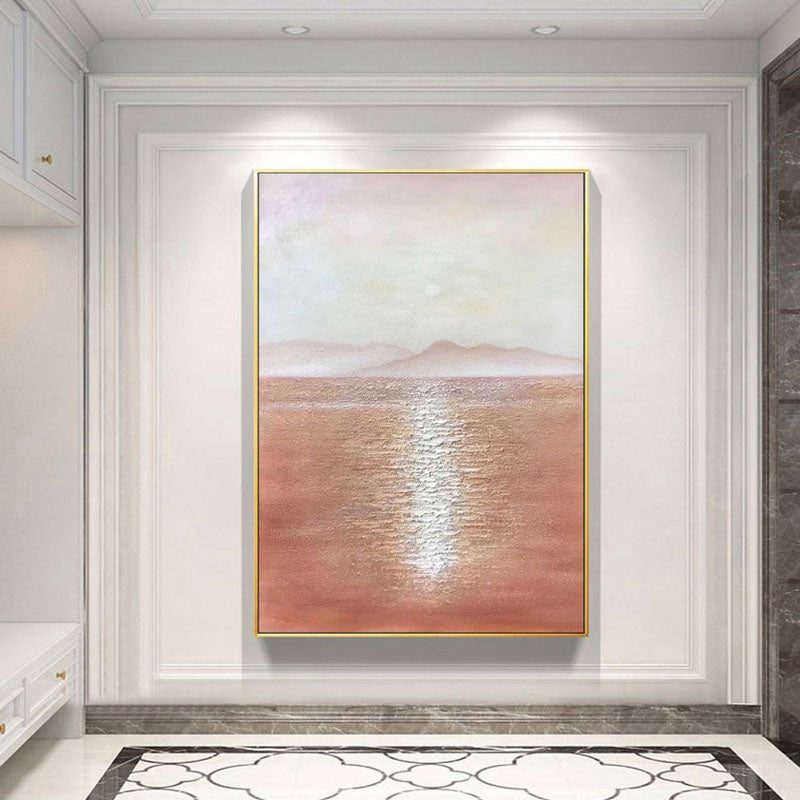 Sunbeams on the Sea-Minimalist Landscape Oil Painting: Warm Brown Tones, Calm Sea & Distant Mountains