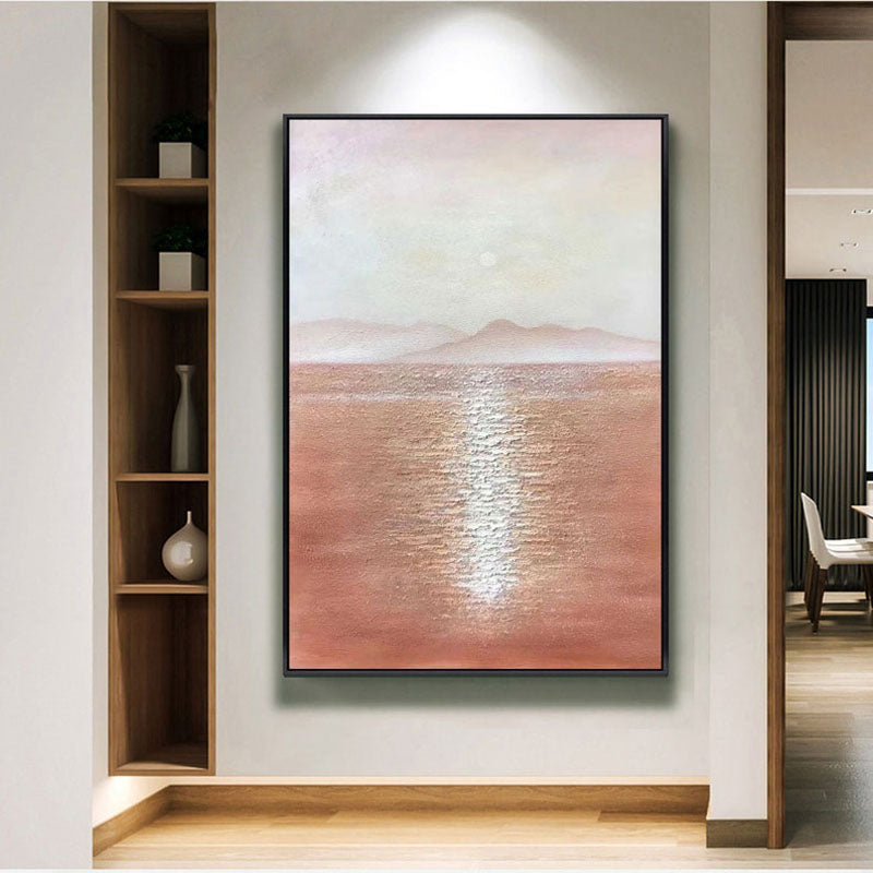 Sunbeams on the Sea-Minimalist Landscape Oil Painting: Warm Brown Tones, Calm Sea & Distant Mountains