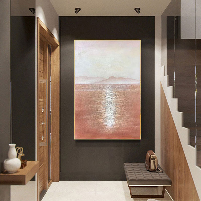 Sunbeams on the Sea-Minimalist Landscape Oil Painting: Warm Brown Tones, Calm Sea & Distant Mountains