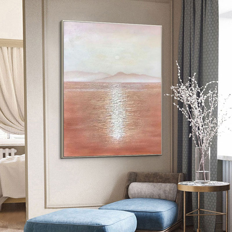 Sunbeams on the Sea-Minimalist Landscape Oil Painting: Warm Brown Tones, Calm Sea & Distant Mountains