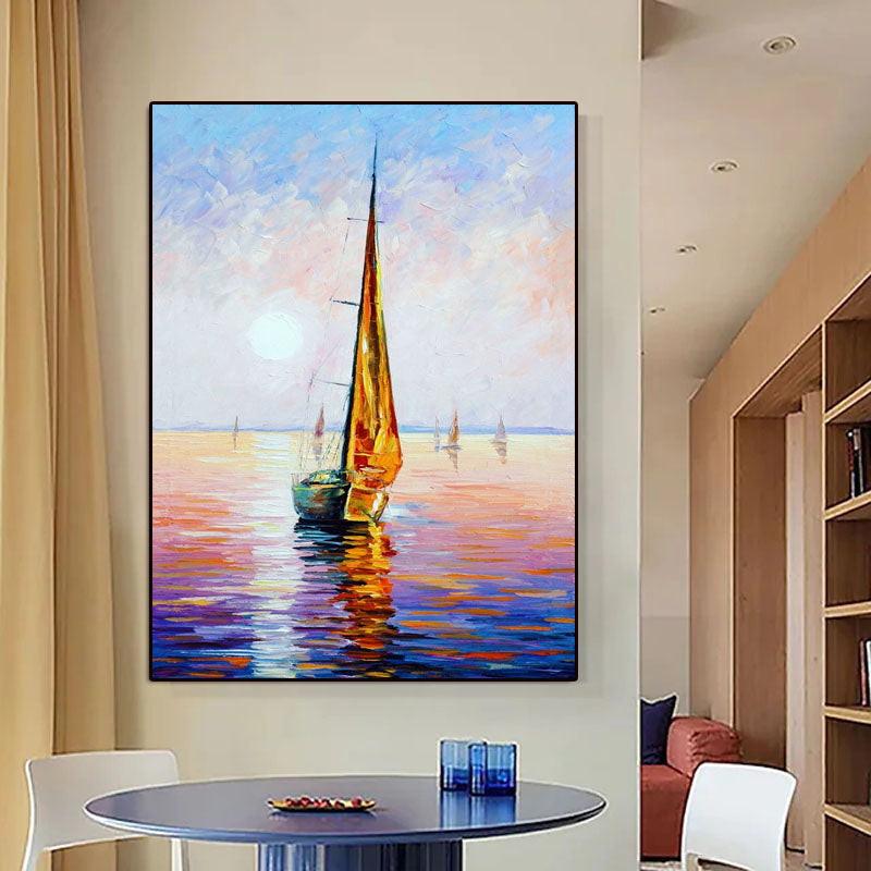 Sunset on the Sea-Sailboat Sunset Seascape Oil Painting - Nautical Art for Home Decoration
