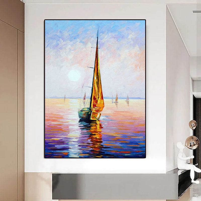 Sunset on the Sea-Sailboat Sunset Seascape Oil Painting - Nautical Art for Home Decoration