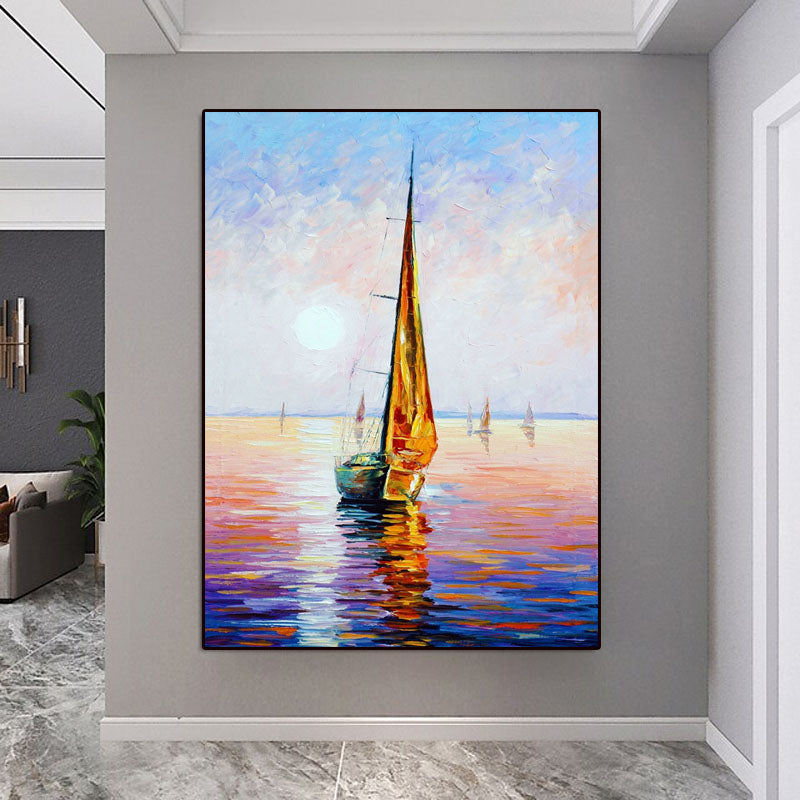 Sunset on the Sea-Sailboat Sunset Seascape Oil Painting - Nautical Art for Home Decoration