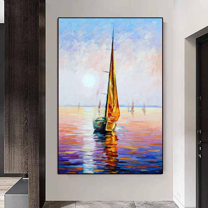 Sunset on the Sea-Sailboat Sunset Seascape Oil Painting - Nautical Art for Home Decoration