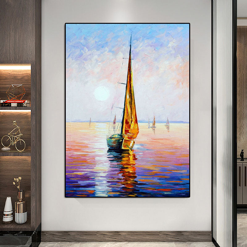 Sunset on the Sea-Sailboat Sunset Seascape Oil Painting - Nautical Art for Home Decoration
