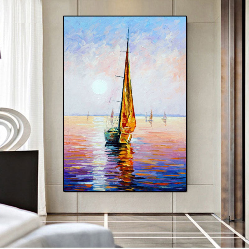 Sunset on the Sea-Sailboat Sunset Seascape Oil Painting - Nautical Art for Home Decoration