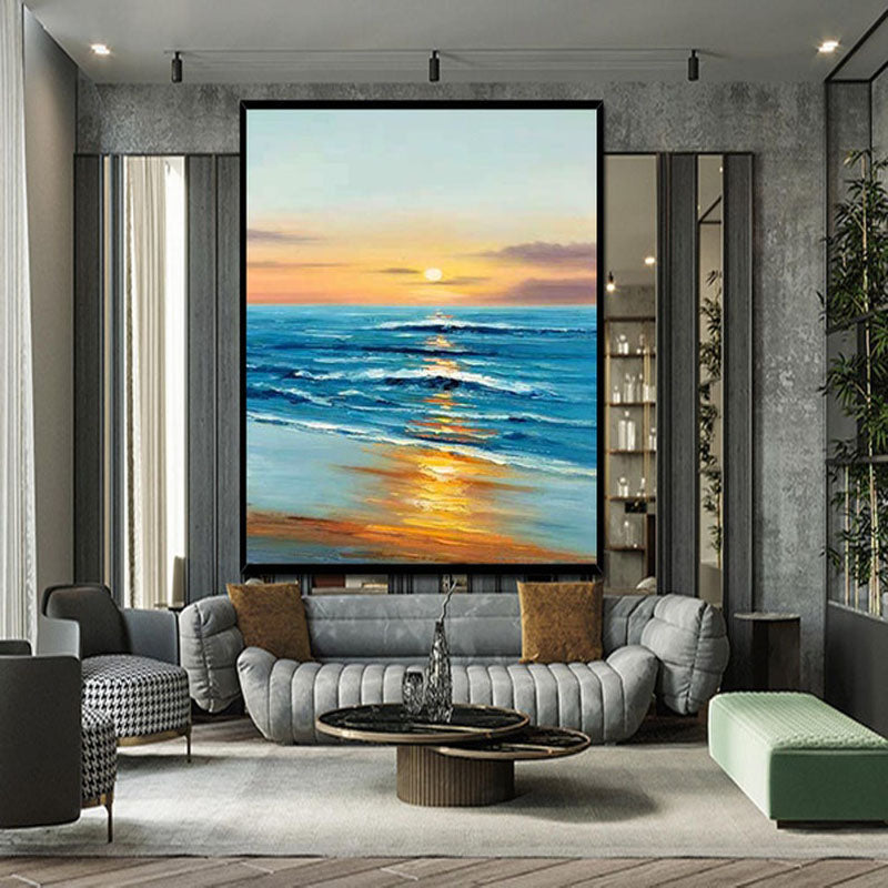Sunset Waves-Ocean Sunset Seascape Oil Painting - Coastal Wave Art for Home Decor