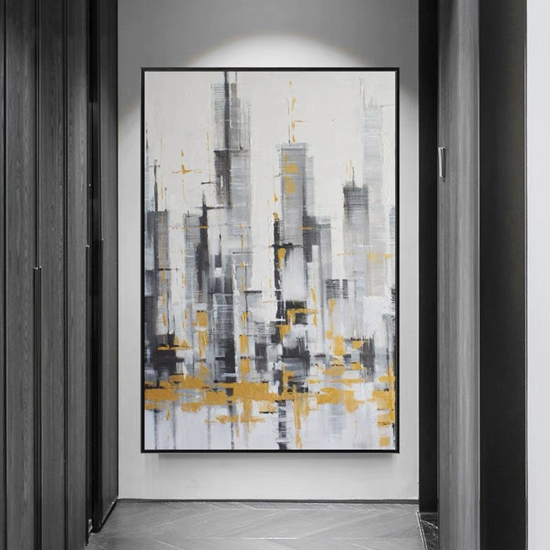 Tempo of the City-Abstract City Skyline Oil Painting with Gold Accents - Modern Black White Gray Urban Wall Art