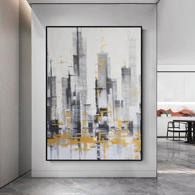 Tempo of the City-Abstract City Skyline Oil Painting with Gold Accents - Modern Black White Gray Urban Wall Art