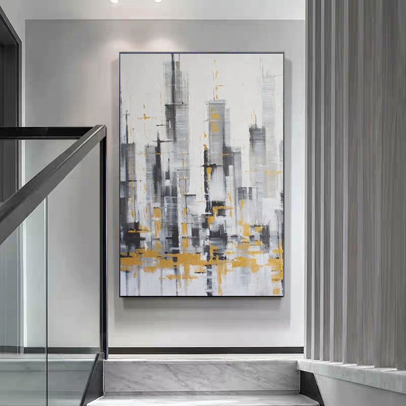 Tempo of the City-Abstract City Skyline Oil Painting with Gold Accents - Modern Black White Gray Urban Wall Art