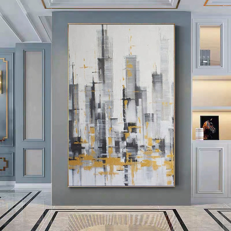 Tempo of the City-Abstract City Skyline Oil Painting with Gold Accents - Modern Black White Gray Urban Wall Art