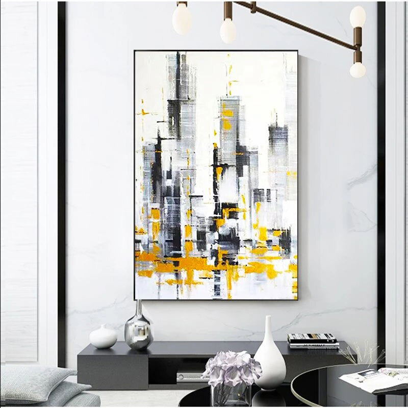 Tempo of the City-Abstract City Skyline Oil Painting with Gold Accents - Modern Black White Gray Urban Wall Art