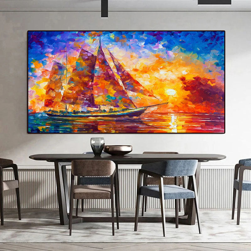 The Colored Sailing Yacht- Colorful Sailboat Oil Painting, Sunset Sea Landscape Art for Home Decoration