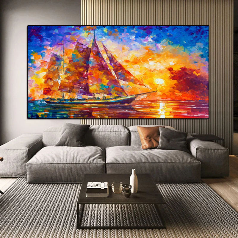 The Colored Sailing Yacht- Colorful Sailboat Oil Painting, Sunset Sea Landscape Art for Home Decoration