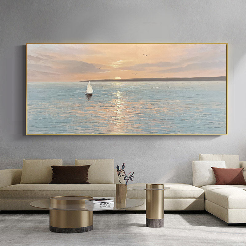 The Empty Ocean-Serene Sunset Seascape Oil Painting with Sailboat, Nautical Art for Home Decoration