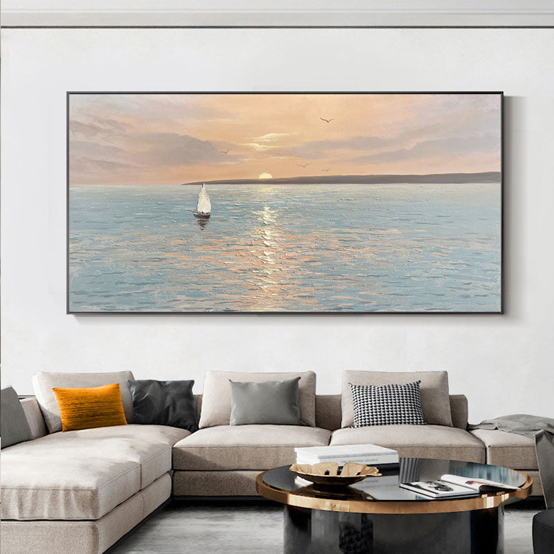 The Empty Ocean-Serene Sunset Seascape Oil Painting with Sailboat, Nautical Art for Home Decoration