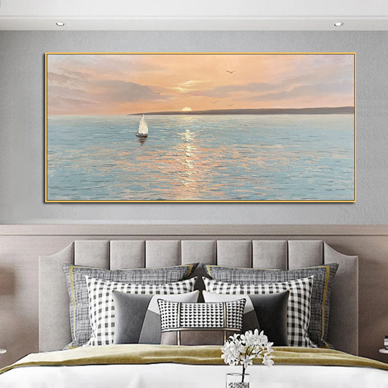 The Empty Ocean-Serene Sunset Seascape Oil Painting with Sailboat, Nautical Art for Home Decoration