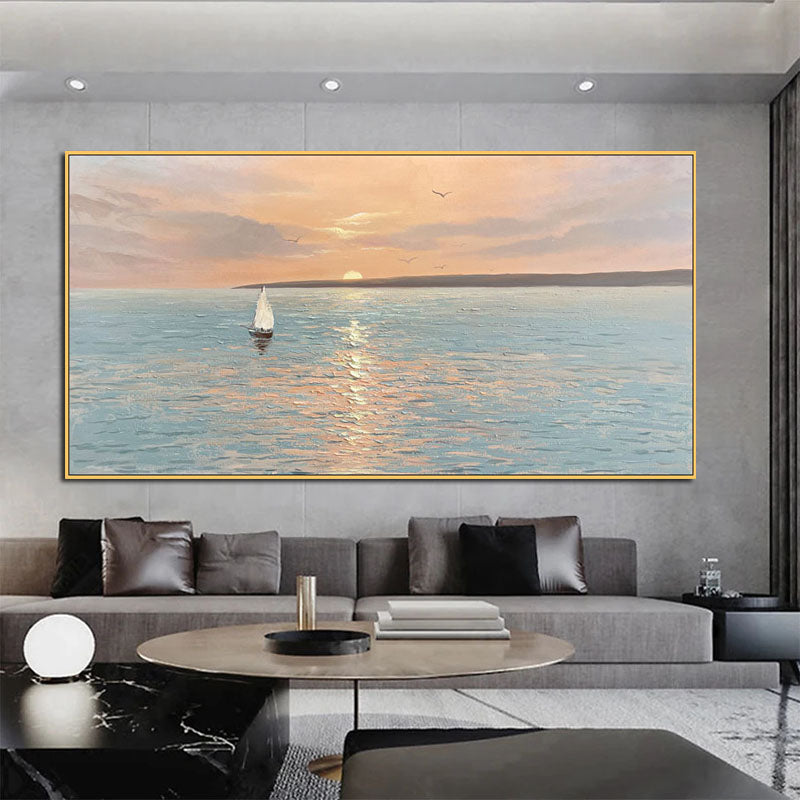 The Empty Ocean-Serene Sunset Seascape Oil Painting with Sailboat, Nautical Art for Home Decoration