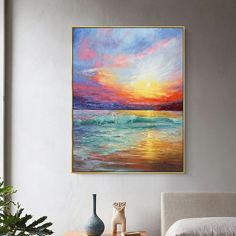 The Golden Hour-Vibrant Sunset Ocean Wave Oil Painting, Seascape Art for Home Decoration