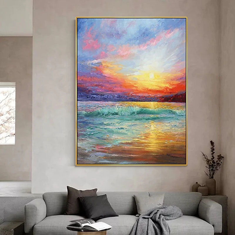 The Golden Hour-Vibrant Sunset Ocean Wave Oil Painting, Seascape Art for Home Decoration