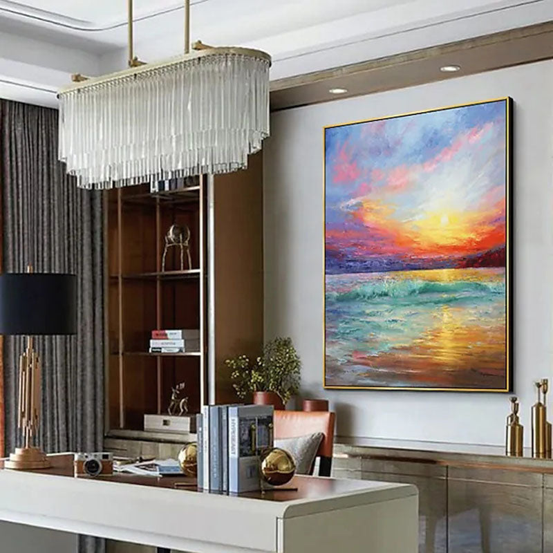 The Golden Hour-Vibrant Sunset Ocean Wave Oil Painting, Seascape Art for Home Decoration