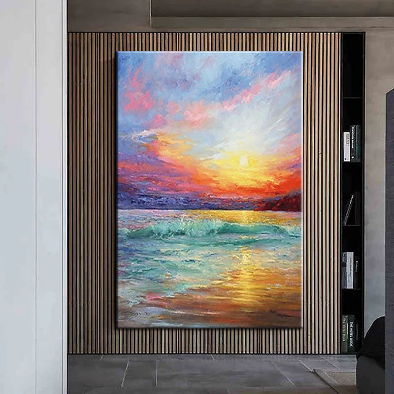 The Golden Hour-Vibrant Sunset Ocean Wave Oil Painting, Seascape Art for Home Decoration