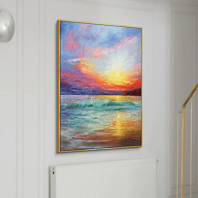 The Golden Hour-Vibrant Sunset Ocean Wave Oil Painting, Seascape Art for Home Decoration