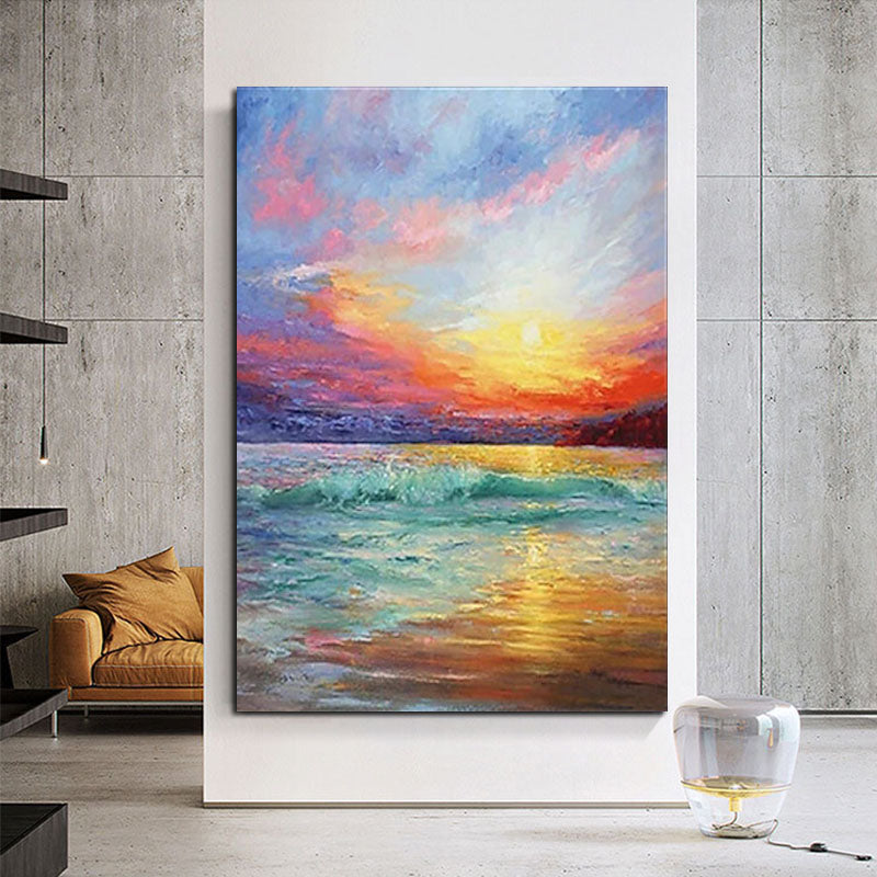 The Golden Hour-Vibrant Sunset Ocean Wave Oil Painting, Seascape Art for Home Decoration