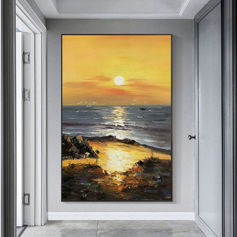 Golden Sunset-Vertical Textured Coastal Oil Painting for Modern Interiors