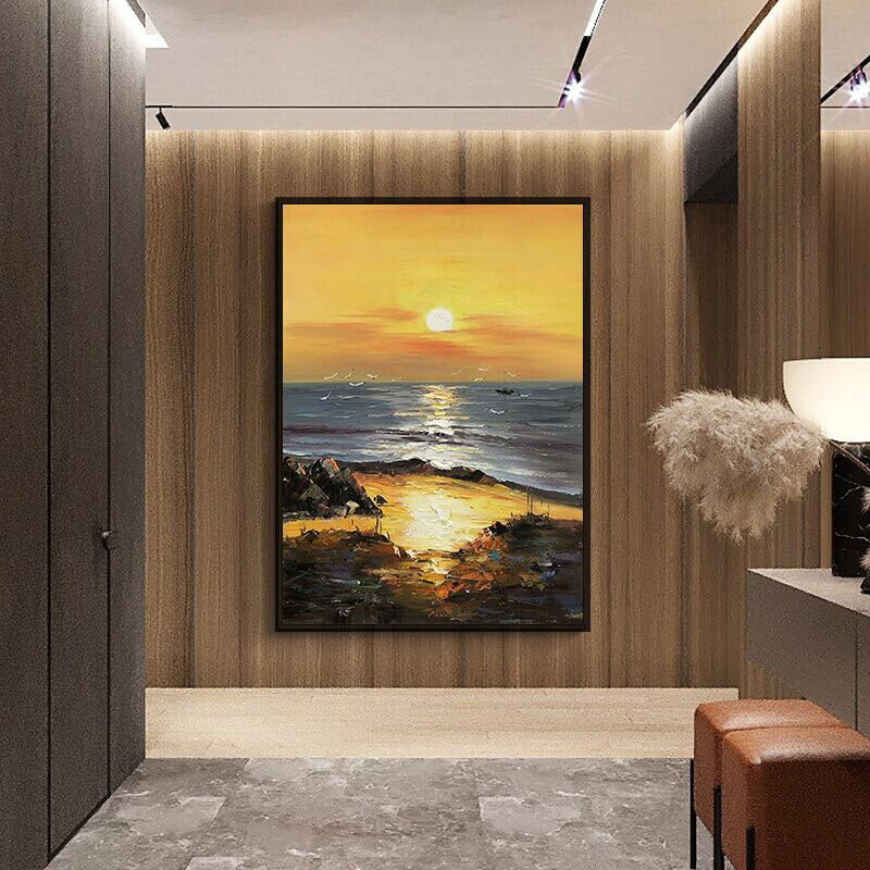 Golden Sunset-Vertical Textured Coastal Oil Painting for Modern Interiors