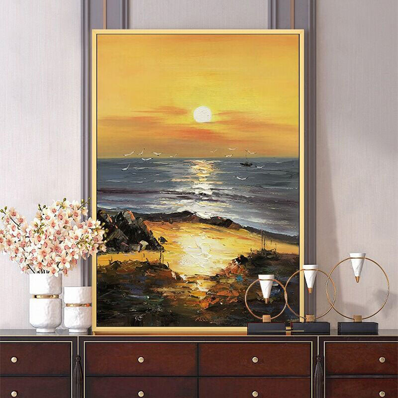 Golden Sunset-Vertical Textured Coastal Oil Painting for Modern Interiors
