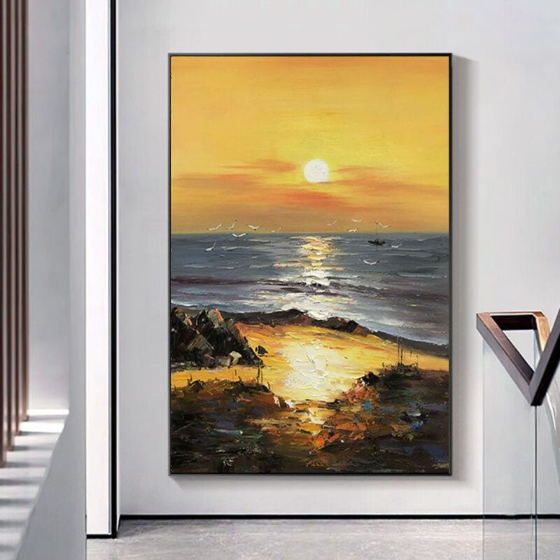 Golden Sunset-Vertical Textured Coastal Oil Painting for Modern Interiors