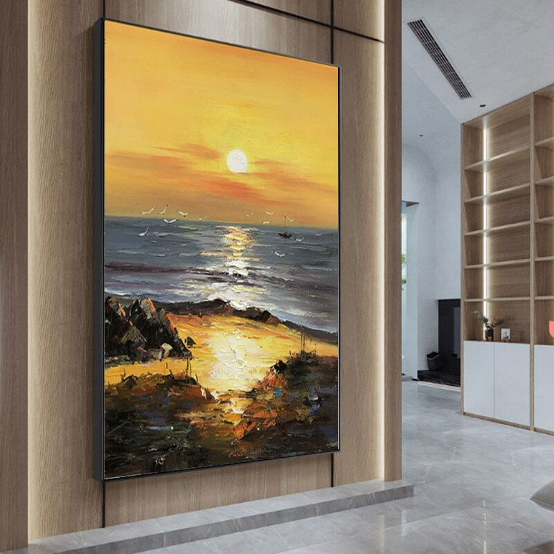Golden Sunset-Vertical Textured Coastal Oil Painting for Modern Interiors