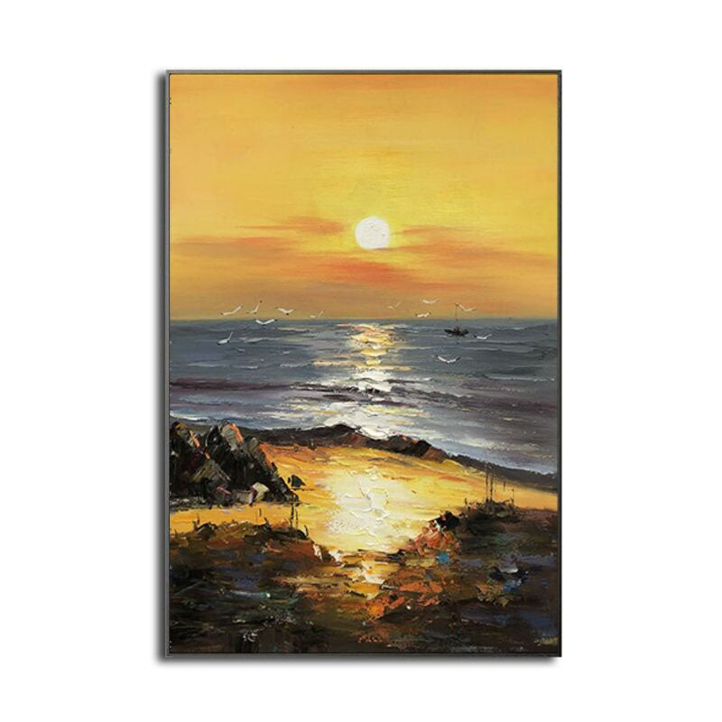 Golden Sunset-Vertical Textured Coastal Oil Painting for Modern Interiors