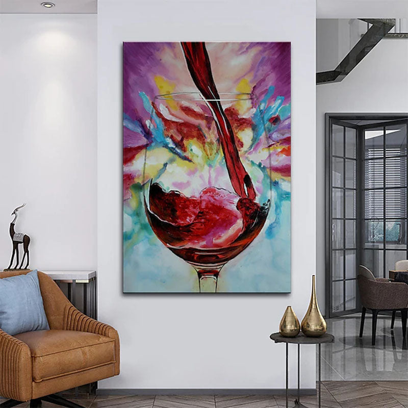 The Holy Wine-Abstract Colorful Red Wine Glass Oil Painting - Vibrant Wall Art for Kitchen & Dining Room Decor
