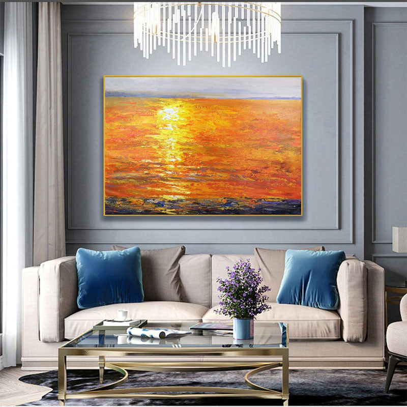 The Red Sea-Vibrant Sunset Ocean Oil Painting, Abstract Seascape Art for Home Decoration